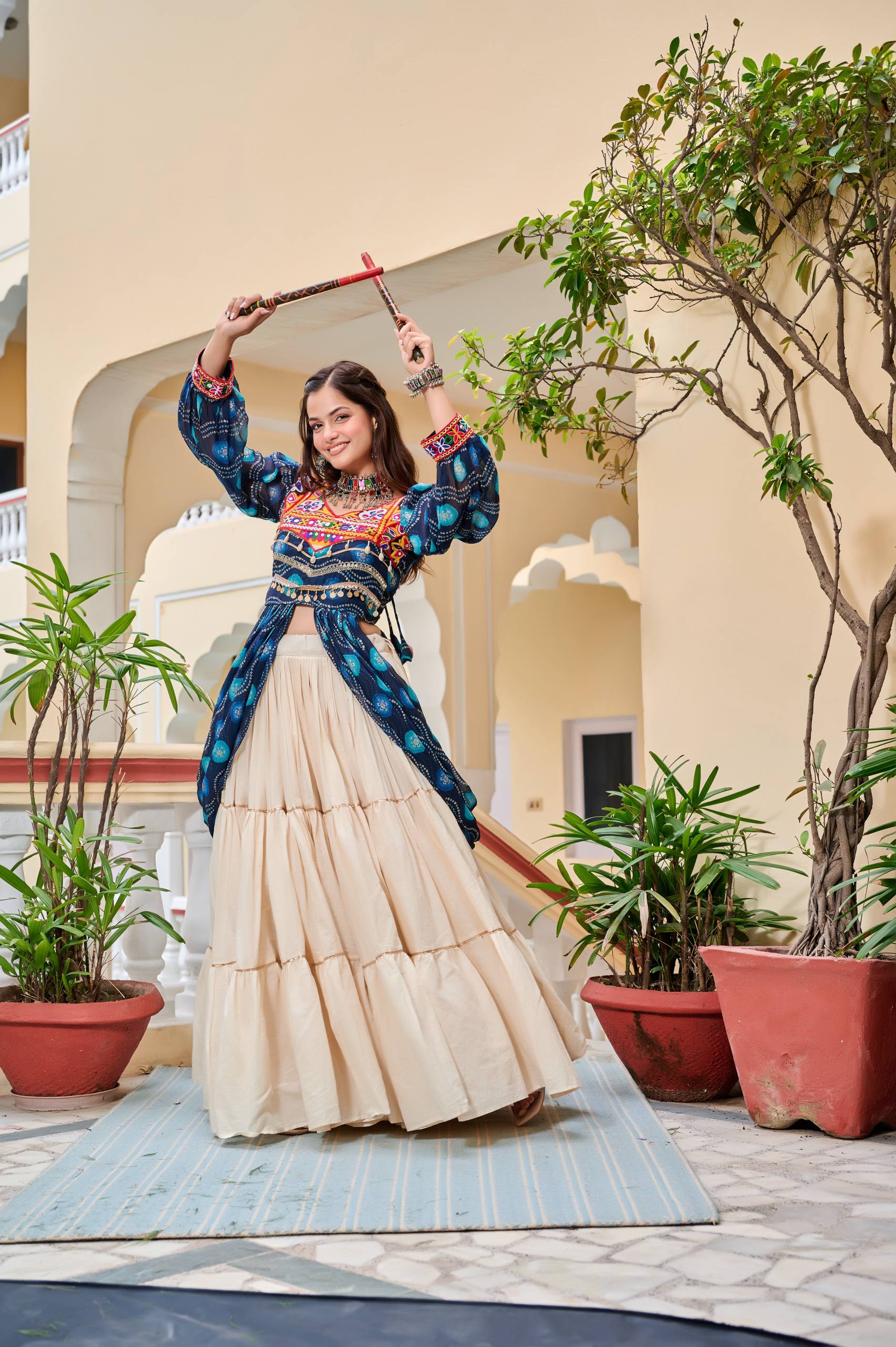 Heavy Gamathi Work Lehenga Choli with 9 Meter Flair | Navratri Special Pure Cotton Garba Dress | Embroidered Shrug & Lehenga Set