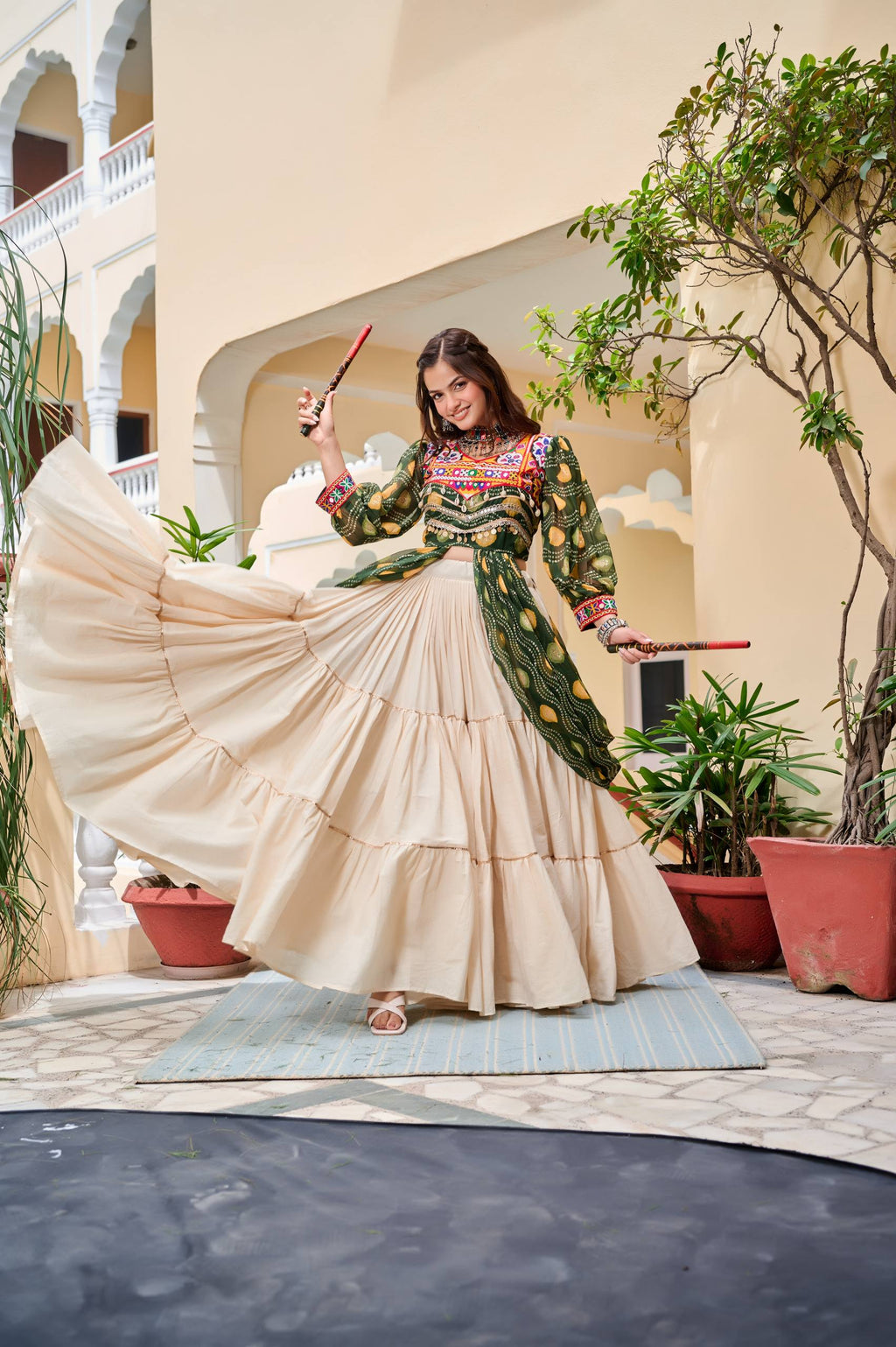 Heavy Gamathi Work Lehenga Choli with 9 Meter Flair | Navratri Special Pure Cotton Garba Dress | Embroidered Shrug & Lehenga Set