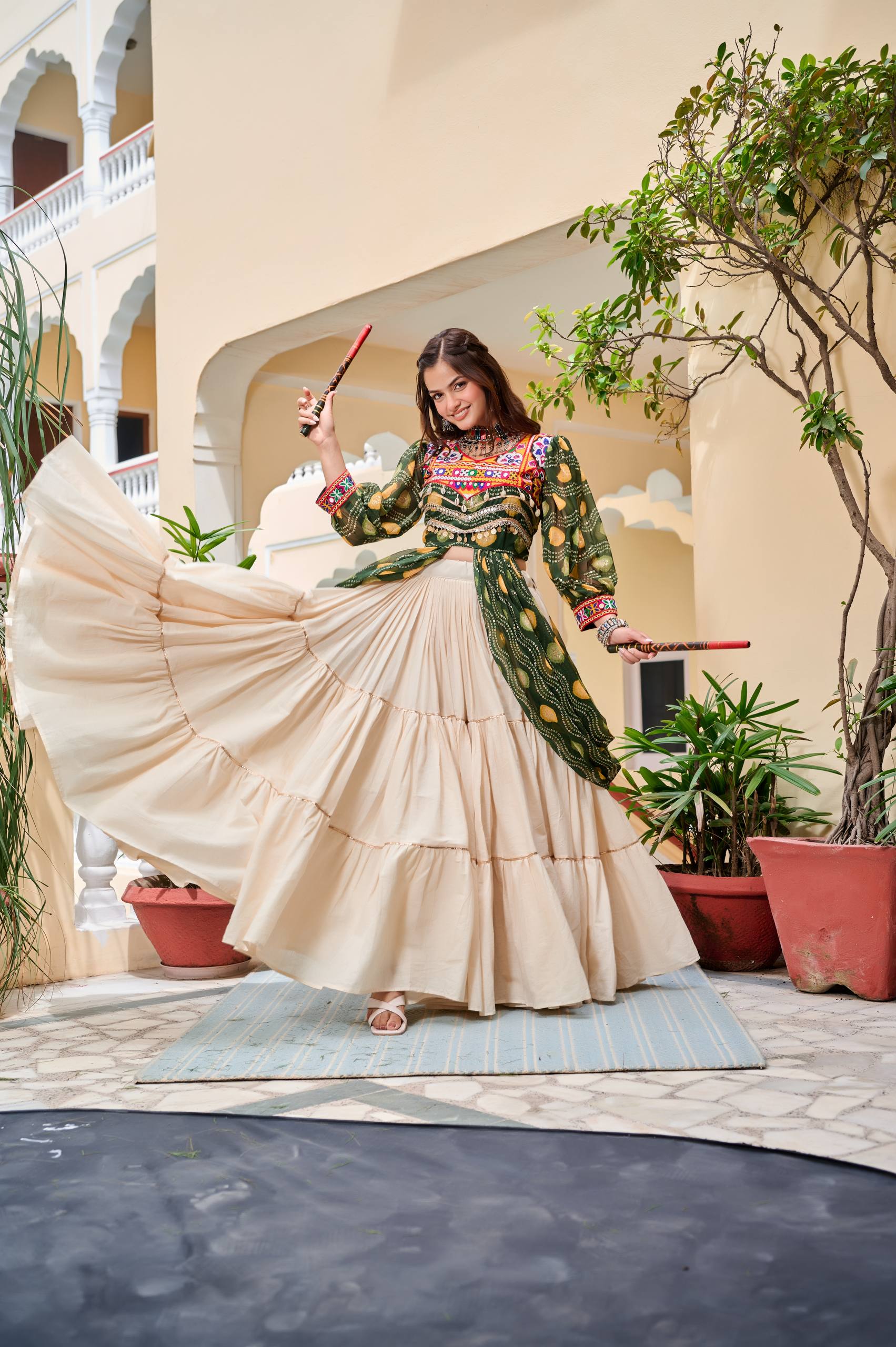 Heavy Gamathi Work Lehenga Choli with 9 Meter Flair | Navratri Special Pure Cotton Garba Dress | Embroidered Shrug & Lehenga Set