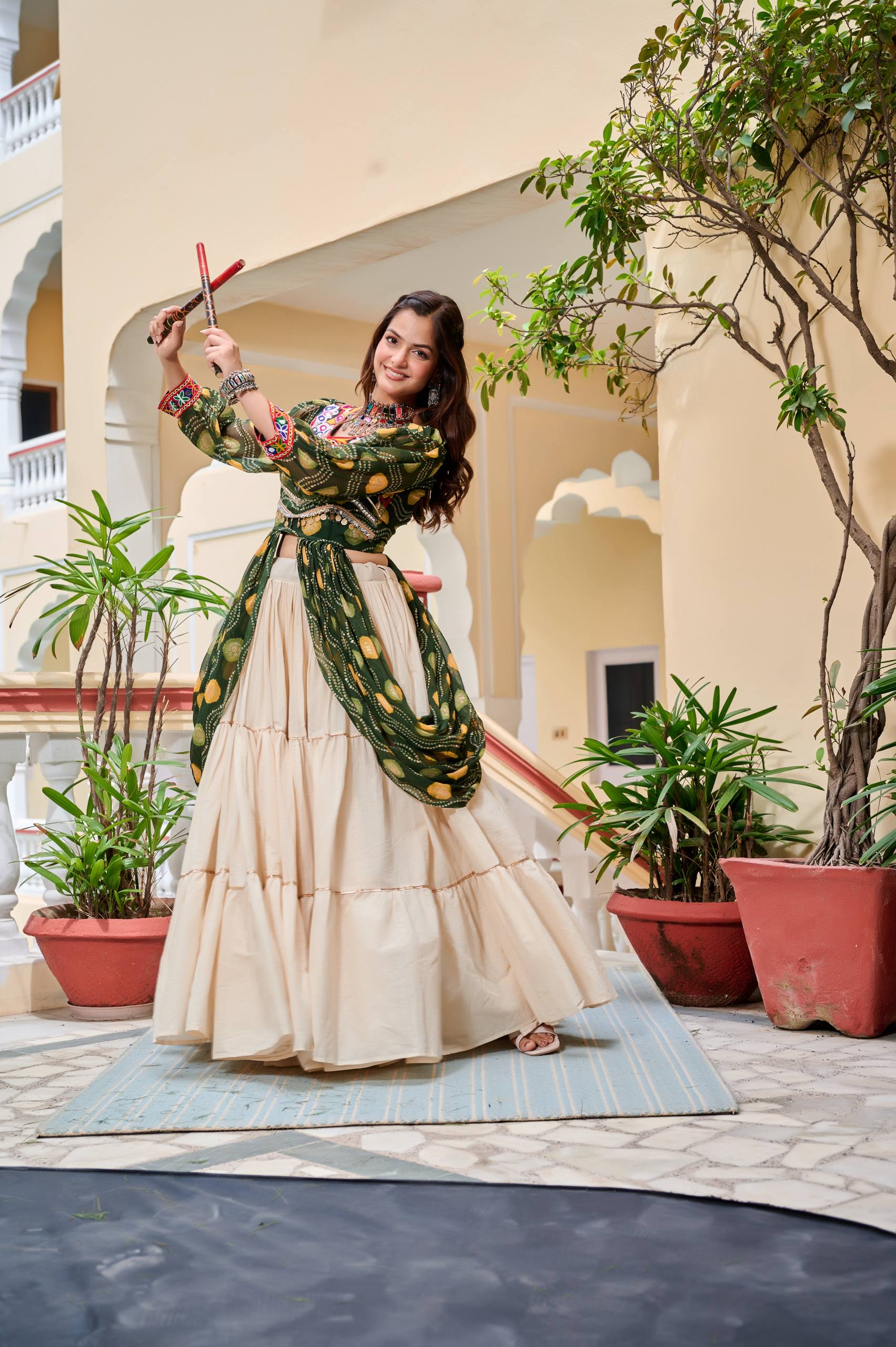 Heavy Gamathi Work Lehenga Choli with 9 Meter Flair | Navratri Special Pure Cotton Garba Dress | Embroidered Shrug & Lehenga Set