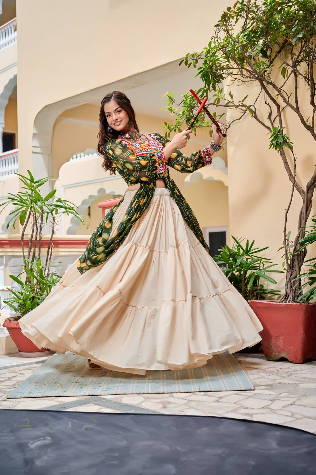 Heavy Gamathi Work Lehenga Choli with 9 Meter Flair | Navratri Special Pure Cotton Garba Dress | Embroidered Shrug & Lehenga Set