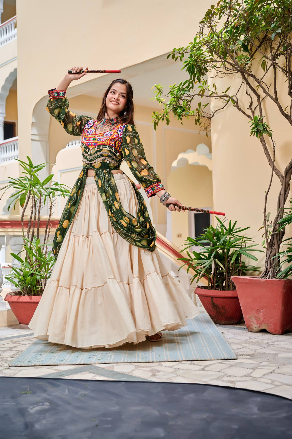Heavy Gamathi Work Lehenga Choli with 9 Meter Flair | Navratri Special Pure Cotton Garba Dress | Embroidered Shrug & Lehenga Set