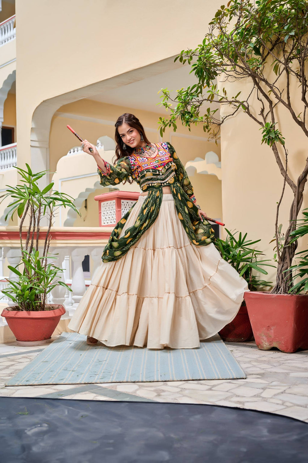 Heavy Gamathi Work Lehenga Choli with 9 Meter Flair | Navratri Special Pure Cotton Garba Dress | Embroidered Shrug & Lehenga Set