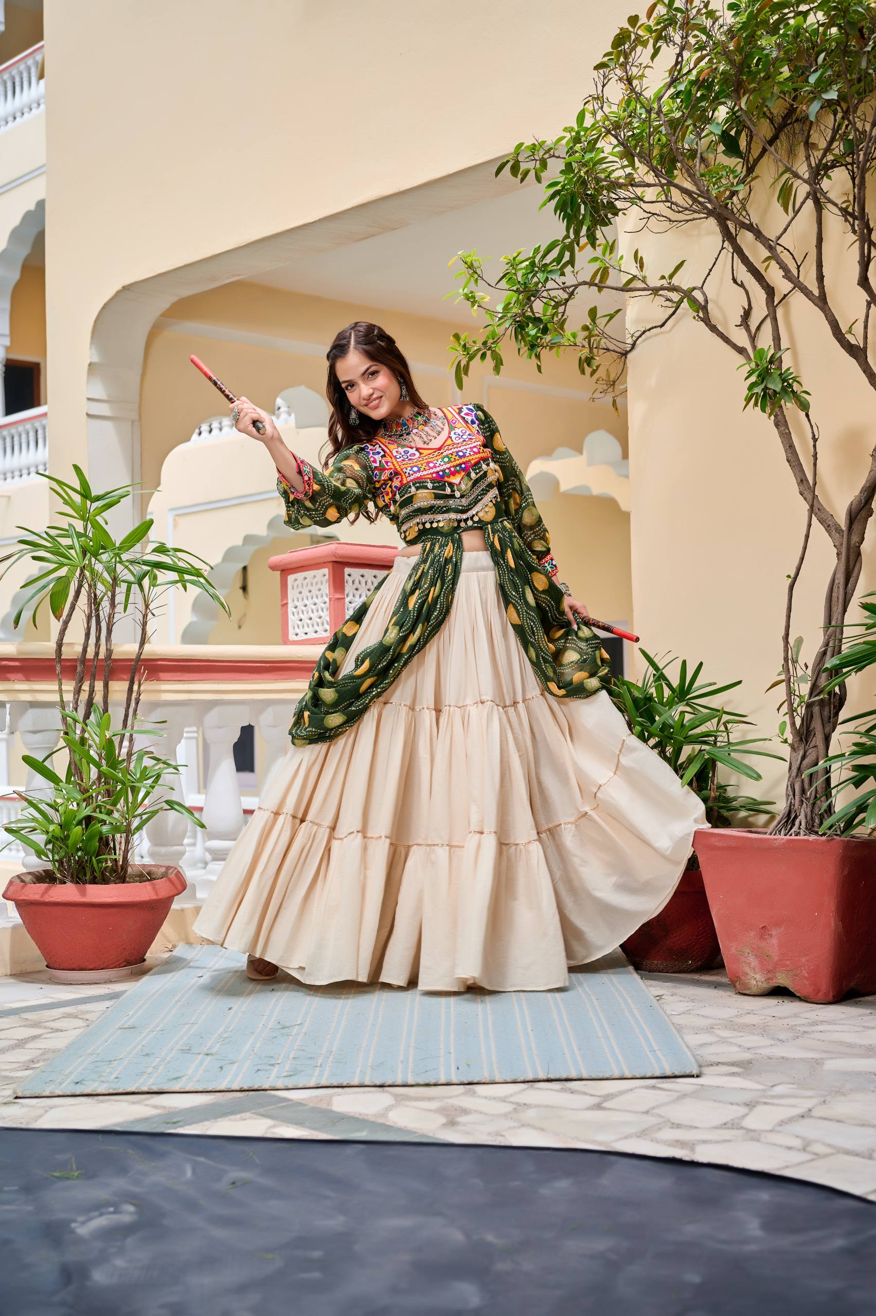 Heavy Gamathi Work Lehenga Choli with 9 Meter Flair | Navratri Special Pure Cotton Garba Dress | Embroidered Shrug & Lehenga Set
