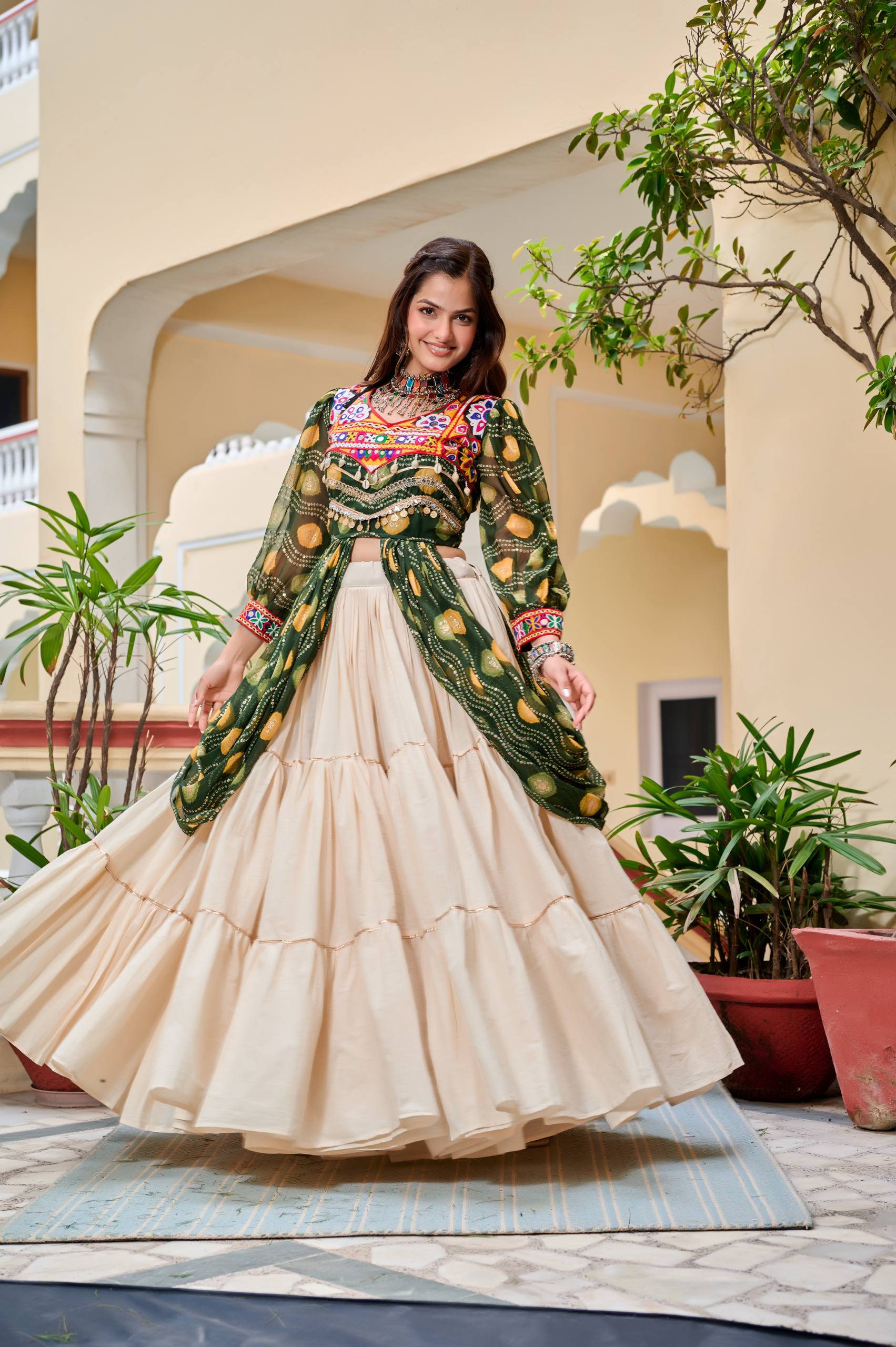 Heavy Gamathi Work Lehenga Choli with 9 Meter Flair | Navratri Special Pure Cotton Garba Dress | Embroidered Shrug & Lehenga Set