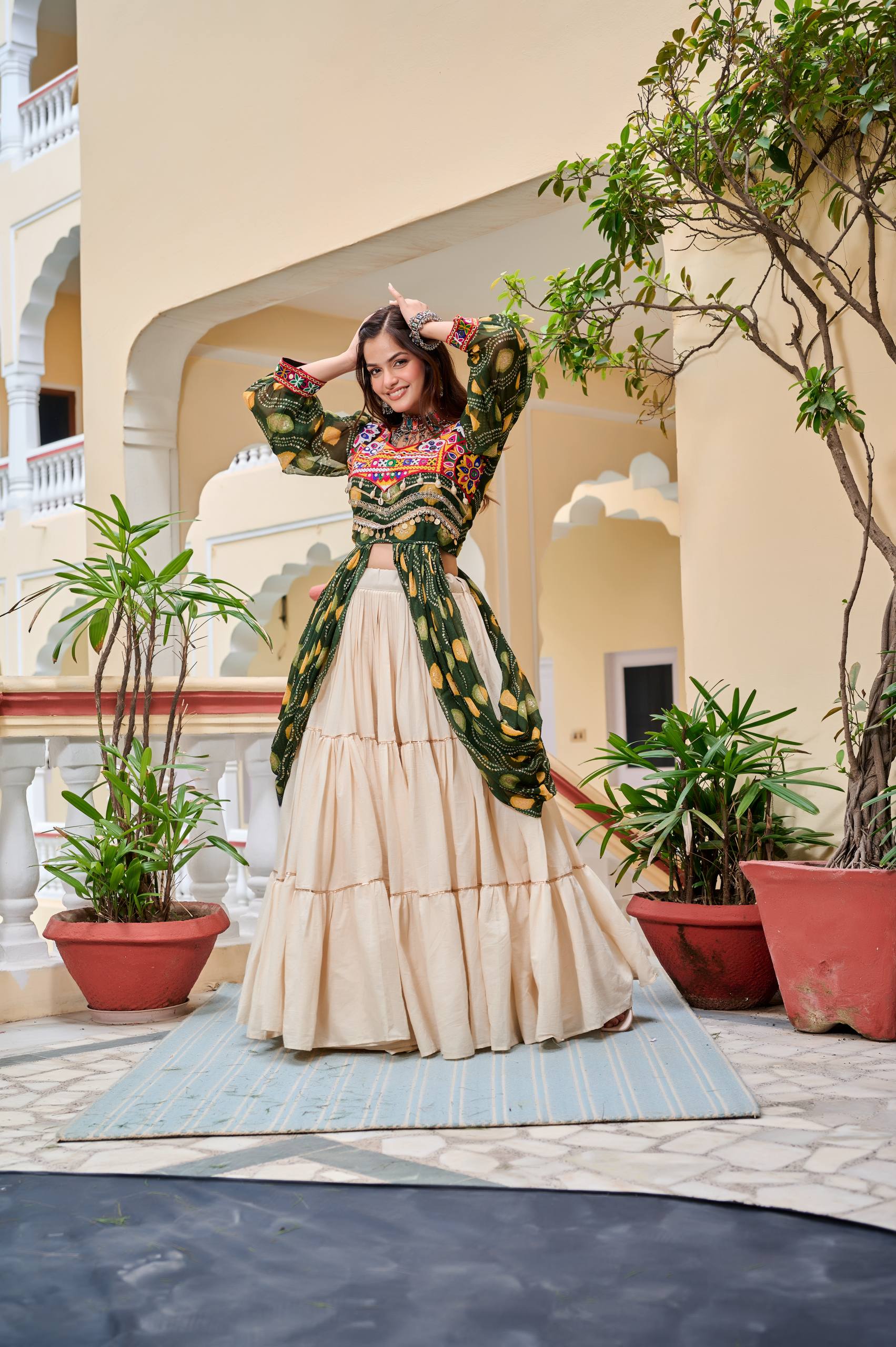 Heavy Gamathi Work Lehenga Choli with 9 Meter Flair | Navratri Special Pure Cotton Garba Dress | Embroidered Shrug & Lehenga Set