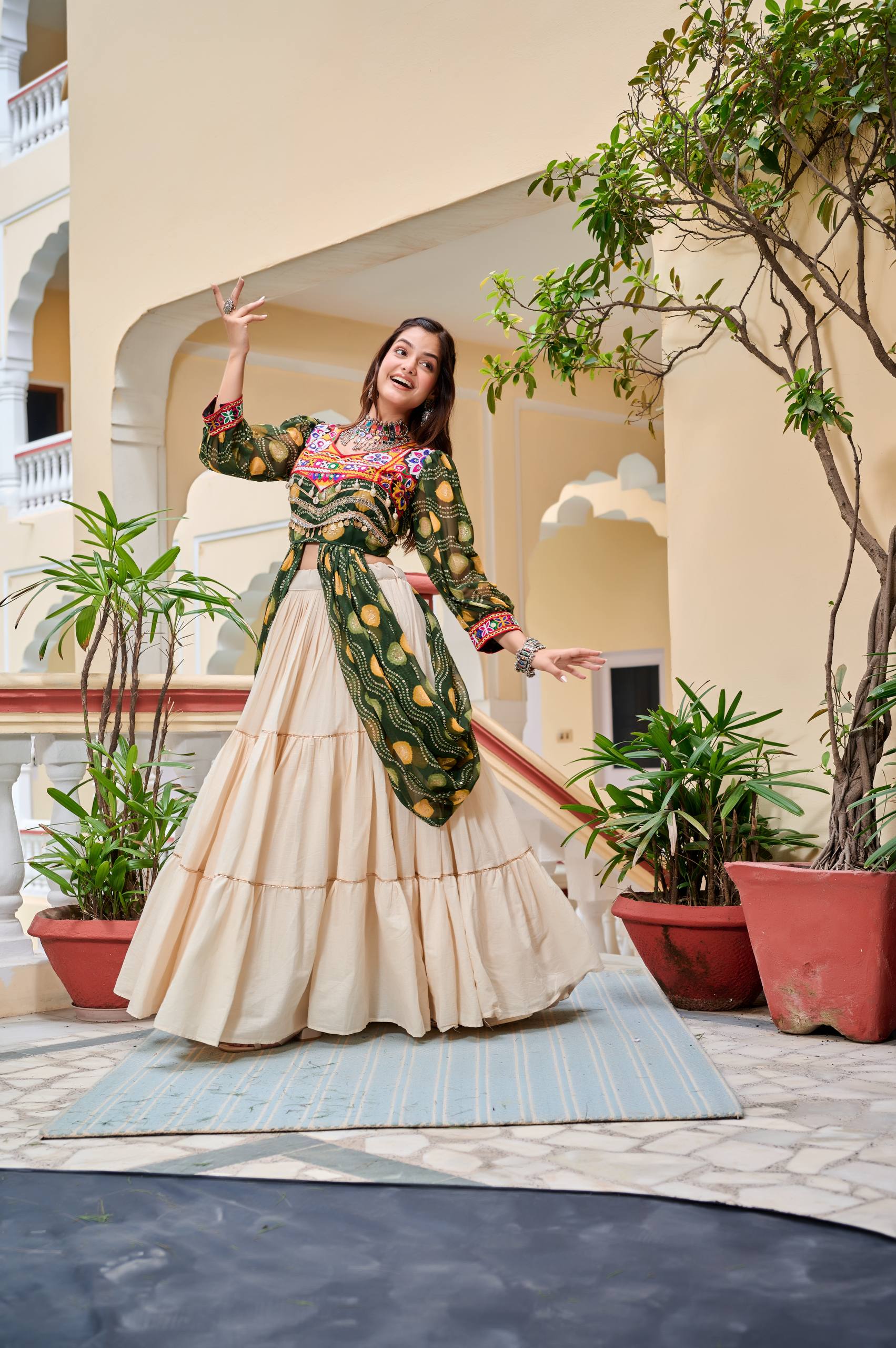 Heavy Gamathi Work Lehenga Choli with 9 Meter Flair | Navratri Special Pure Cotton Garba Dress | Embroidered Shrug & Lehenga Set