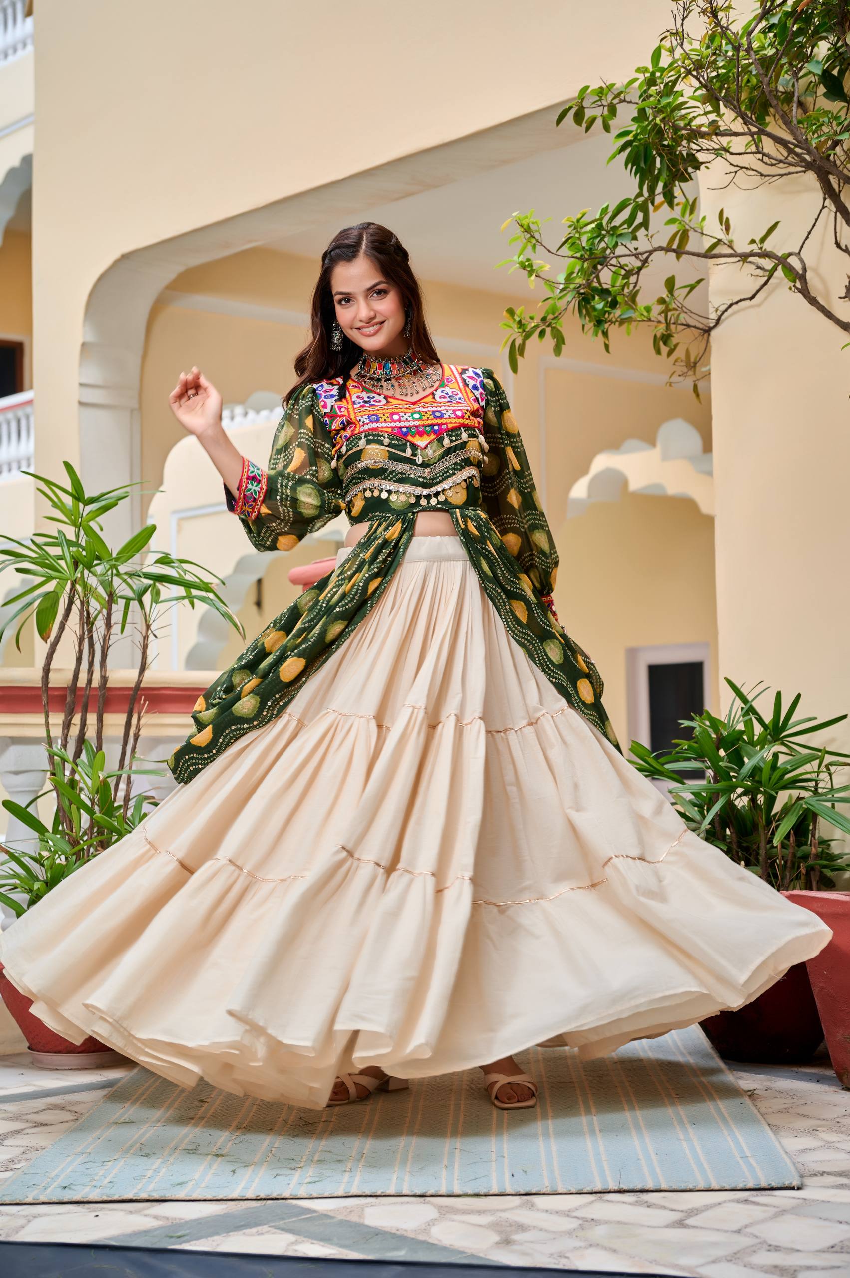 Heavy Gamathi Work Lehenga Choli with 9 Meter Flair | Navratri Special Pure Cotton Garba Dress | Embroidered Shrug & Lehenga Set
