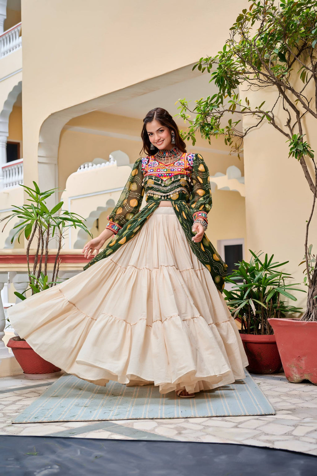 Heavy Gamathi Work Lehenga Choli with 9 Meter Flair | Navratri Special Pure Cotton Garba Dress | Embroidered Shrug & Lehenga Set