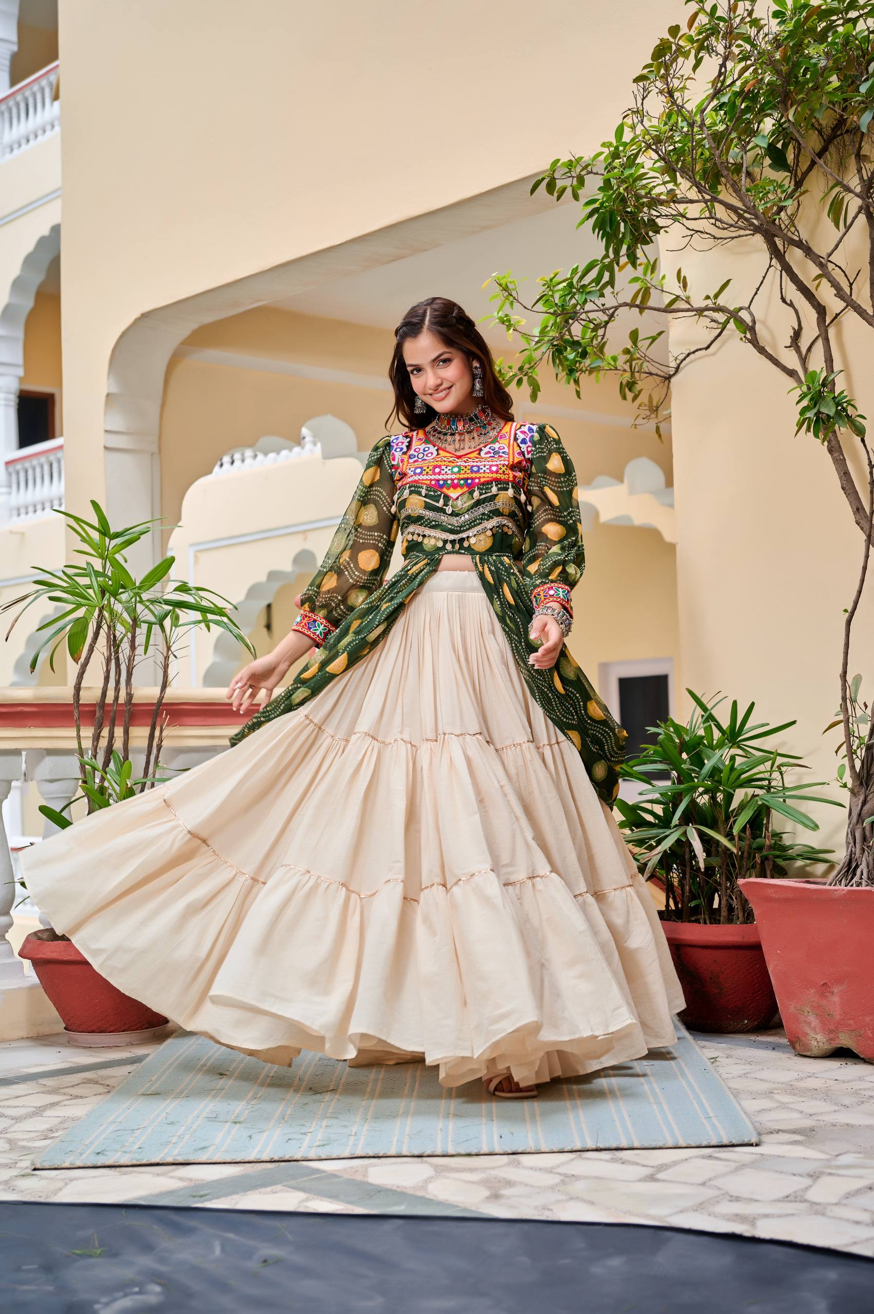 Heavy Gamathi Work Lehenga Choli with 9 Meter Flair | Navratri Special Pure Cotton Garba Dress | Embroidered Shrug & Lehenga Set