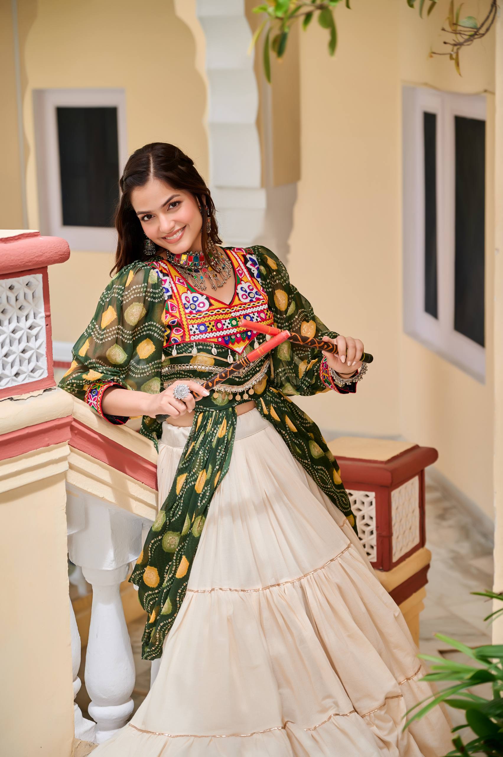 Heavy Gamathi Work Lehenga Choli with 9 Meter Flair | Navratri Special Pure Cotton Garba Dress | Embroidered Shrug & Lehenga Set