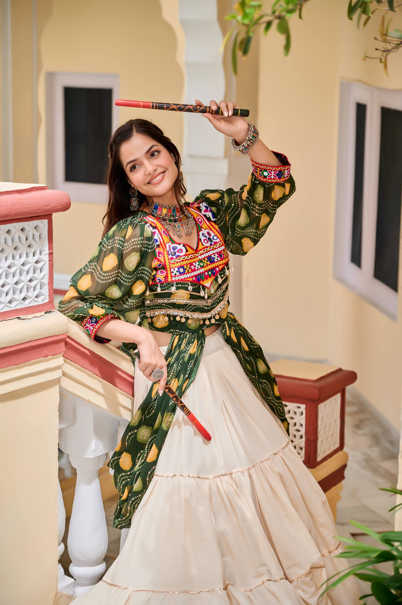 Heavy Gamathi Work Lehenga Choli with 9 Meter Flair | Navratri Special Pure Cotton Garba Dress | Embroidered Shrug & Lehenga Set