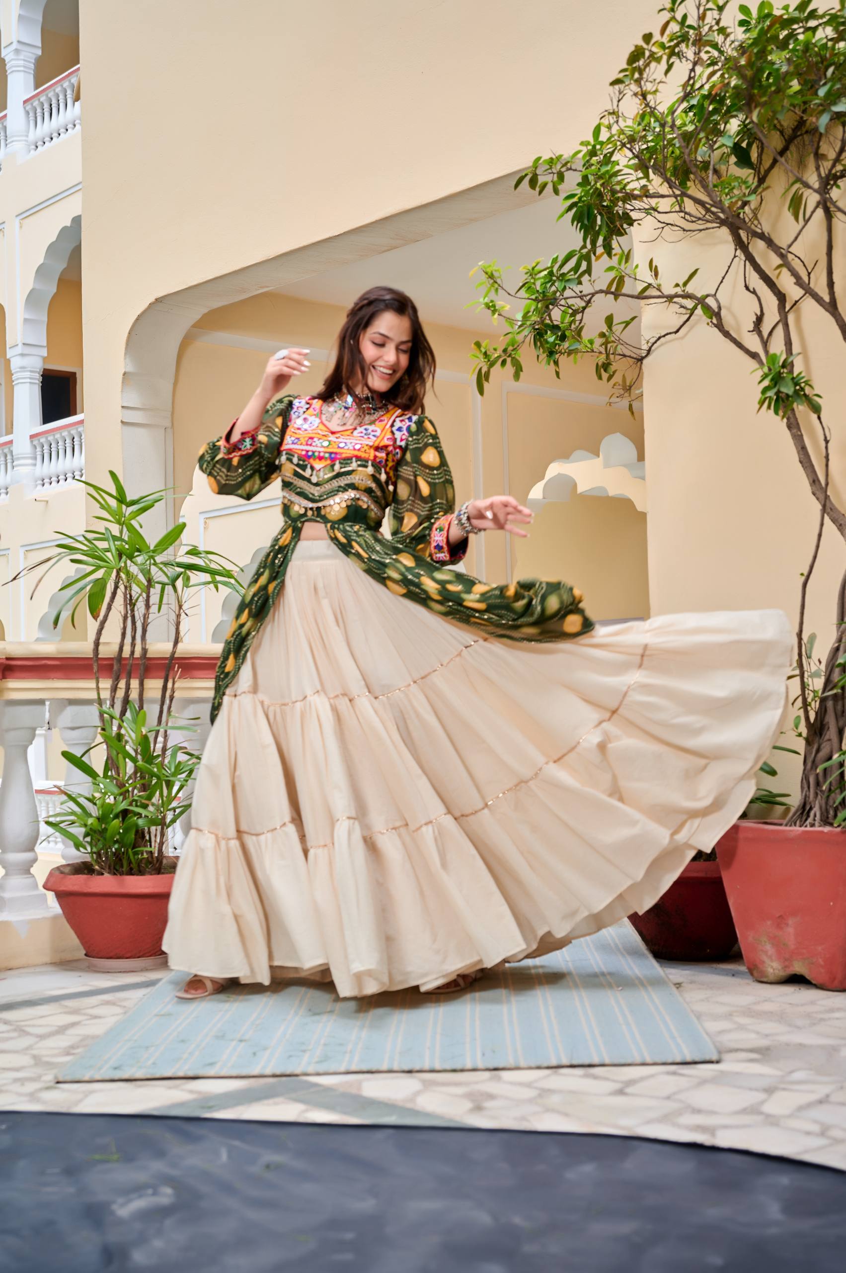 Heavy Gamathi Work Lehenga Choli with 9 Meter Flair | Navratri Special Pure Cotton Garba Dress | Embroidered Shrug & Lehenga Set