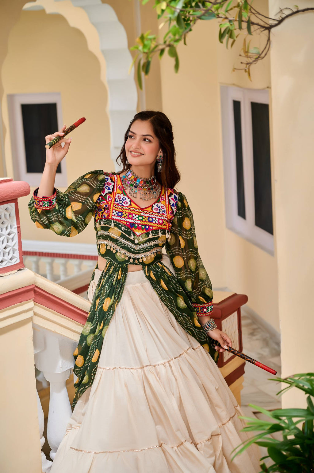 Heavy Gamathi Work Lehenga Choli with 9 Meter Flair | Navratri Special Pure Cotton Garba Dress | Embroidered Shrug & Lehenga Set