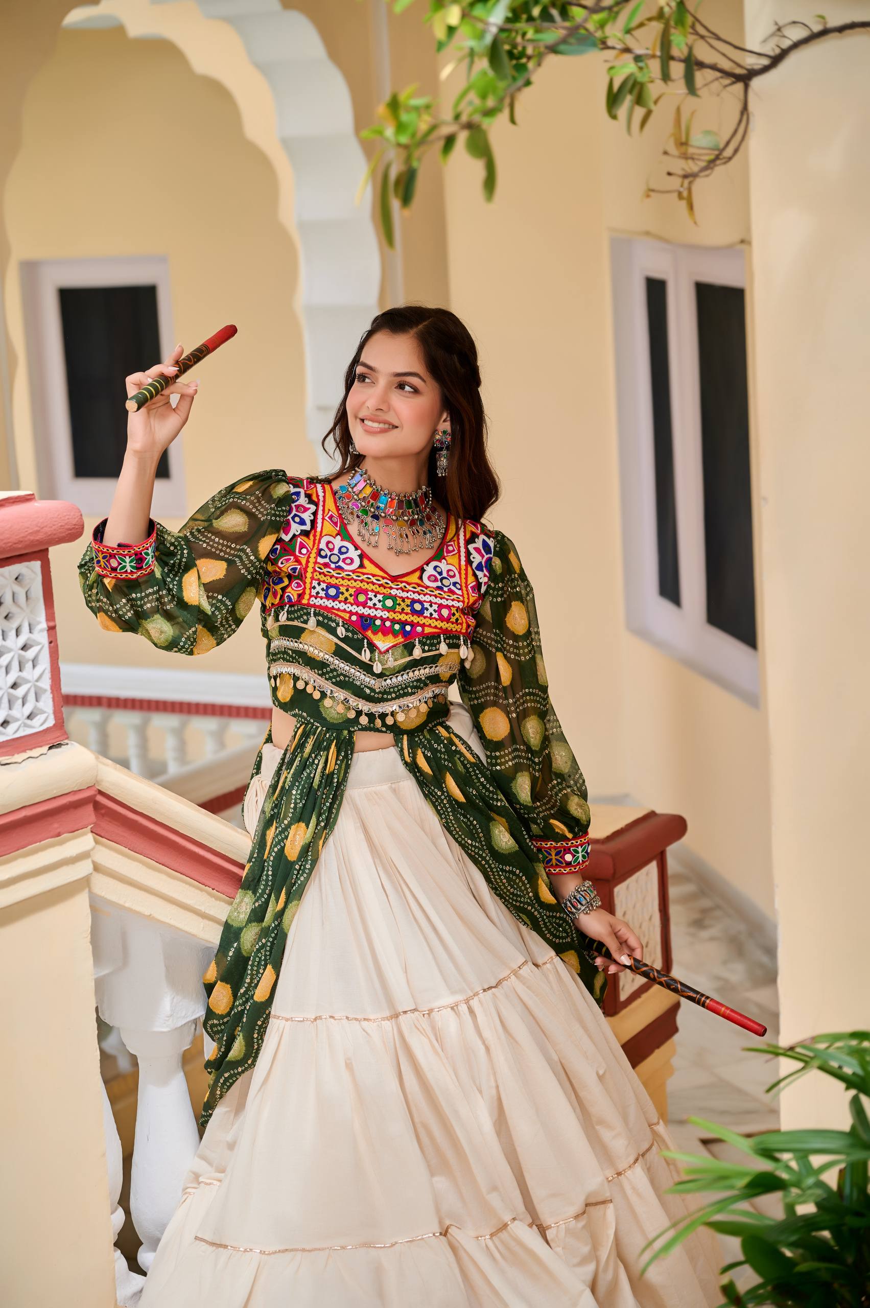 Heavy Gamathi Work Lehenga Choli with 9 Meter Flair | Navratri Special Pure Cotton Garba Dress | Embroidered Shrug & Lehenga Set