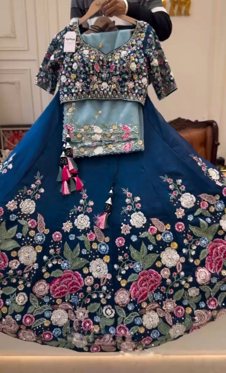 “Navy Blue Embroidered Floral Lehenga Choli with Multicolor Thread Work & Pastel Blue Dupatta – Blouse up to 5XL”