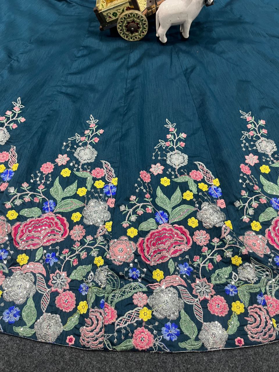 “Navy Blue Embroidered Floral Lehenga Choli with Multicolor Thread Work & Pastel Blue Dupatta – Blouse up to 5XL”