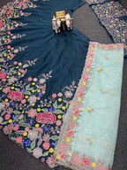 “Navy Blue Embroidered Floral Lehenga Choli with Multicolor Thread Work & Pastel Blue Dupatta – Blouse up to 5XL”