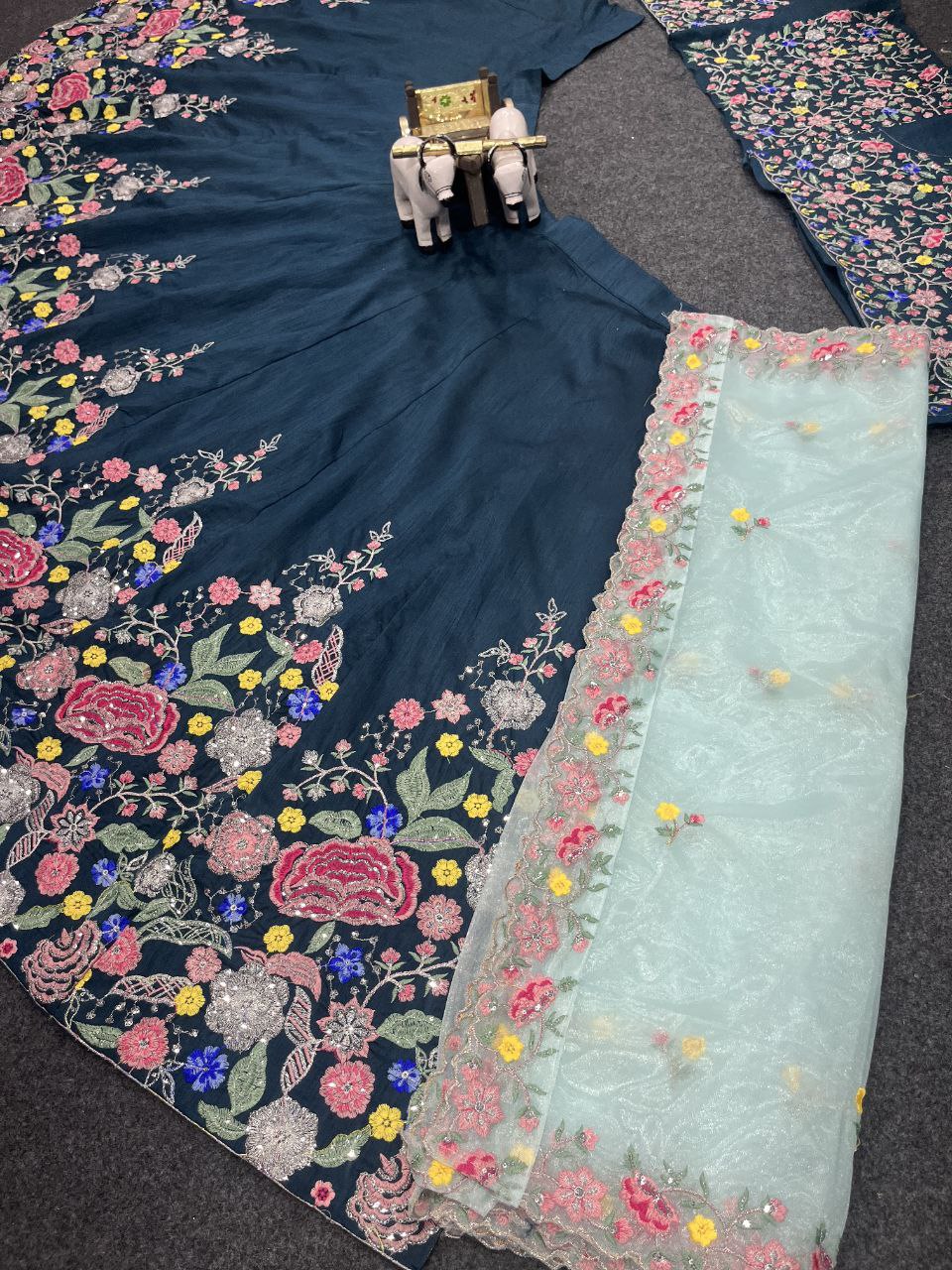 “Navy Blue Embroidered Floral Lehenga Choli with Multicolor Thread Work & Pastel Blue Dupatta – Blouse up to 5XL”
