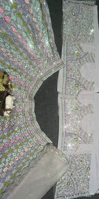 Pastel Multi-Color Mirror Work Embroidered Fabric – Grey Base Net Material