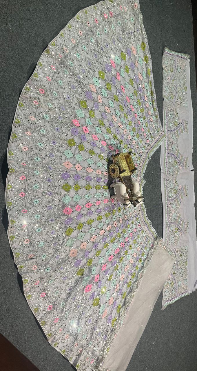 Pastel Multi-Color Mirror Work Embroidered Fabric – Grey Base Net Material