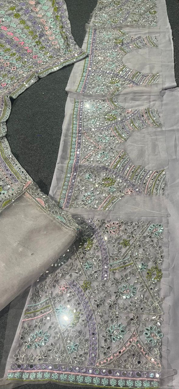 Pastel Multi-Color Mirror Work Embroidered Fabric – Grey Base Net Material