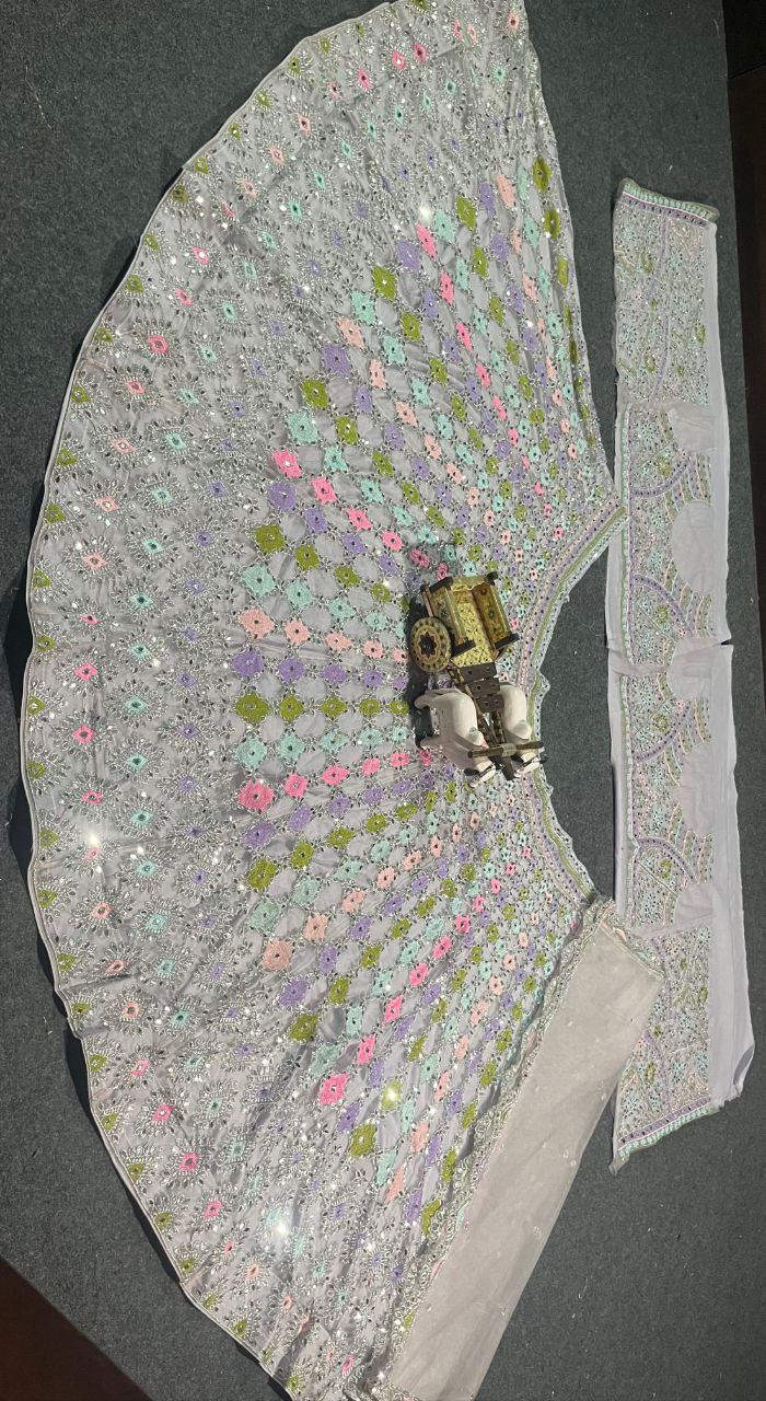 Pastel Multi-Color Mirror Work Embroidered Fabric – Grey Base Net Material