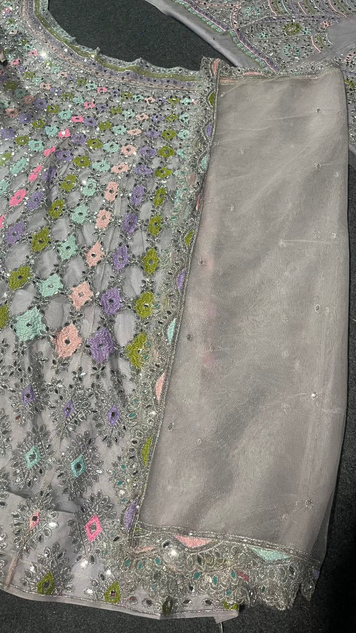 Pastel Multi-Color Mirror Work Embroidered Fabric – Grey Base Net Material