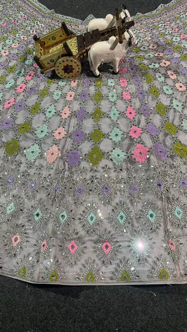 Pastel Multi-Color Mirror Work Embroidered Fabric – Grey Base Net Material