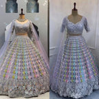 Pastel Multi-Color Mirror Work Embroidered Fabric – Grey Base Net Material