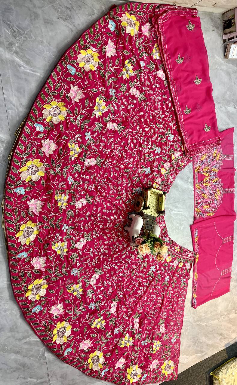 Rani Pink Multicolor Floral Embroidered Silk Lehenga Set