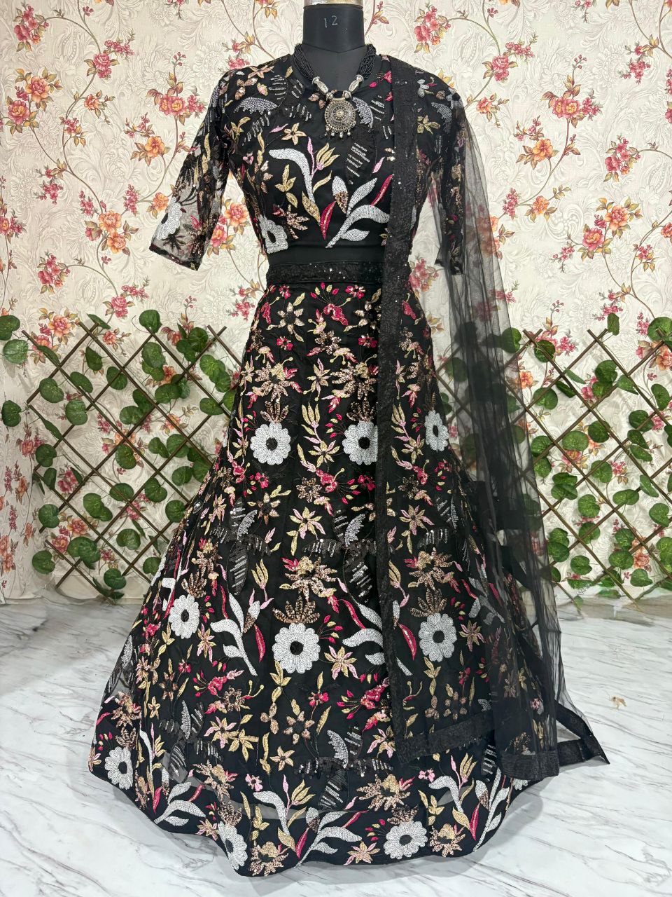 Designer Butterfly Net Lehenga - Heavy Thread & Sequins Embroidery - Premium CanCan Fall