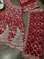 “Red Georgette Embroidered Lehenga with Golden Peacock & Floral Work – Length 42, Blouse up to 5XL”