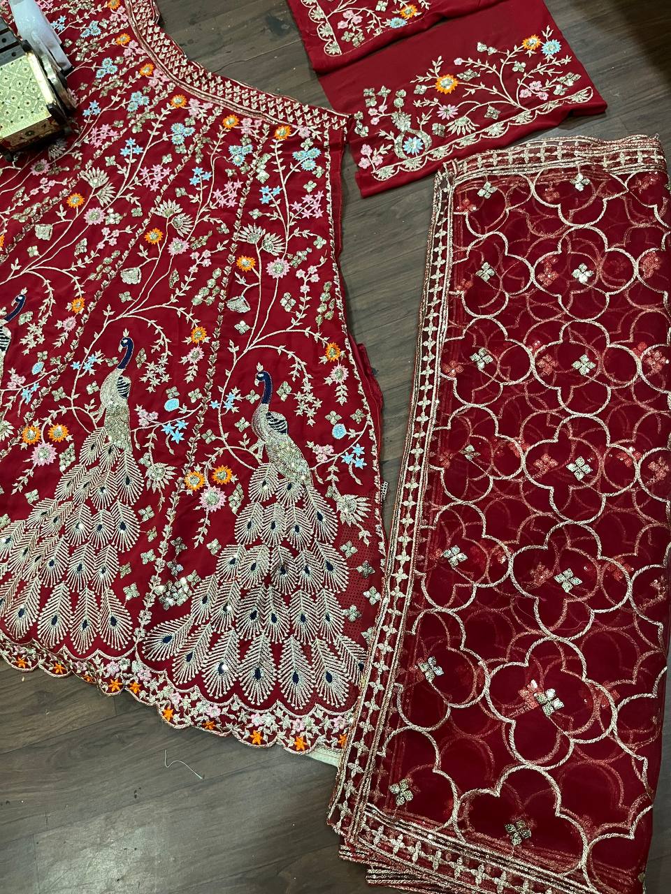 “Red Georgette Embroidered Lehenga with Golden Peacock & Floral Work – Length 42, Blouse up to 5XL”