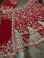 “Red Georgette Embroidered Lehenga with Golden Peacock & Floral Work – Length 42, Blouse up to 5XL”