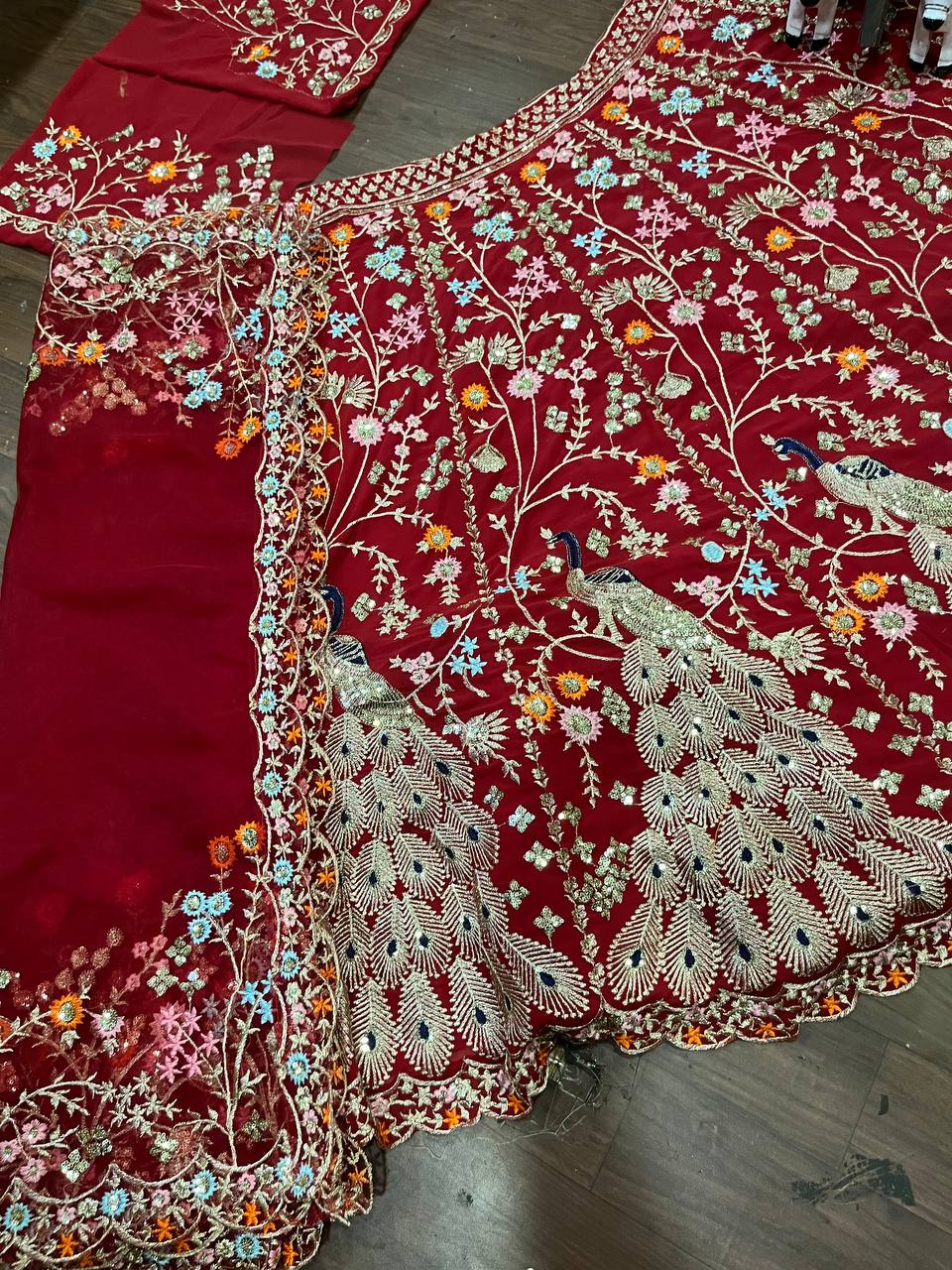 “Red Georgette Embroidered Lehenga with Golden Peacock & Floral Work – Length 42, Blouse up to 5XL”