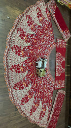 “Red Georgette Embroidered Lehenga with Golden Peacock & Floral Work – Length 42, Blouse up to 5XL”
