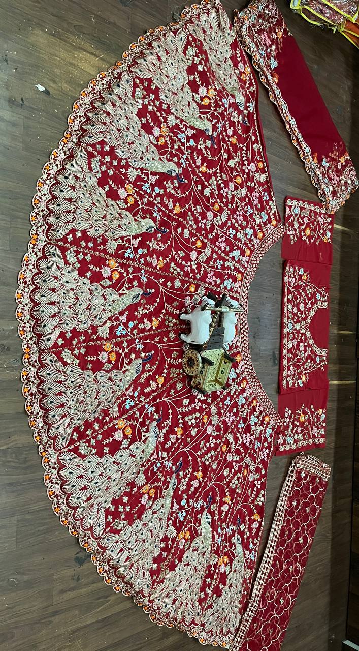 “Red Georgette Embroidered Lehenga with Golden Peacock & Floral Work – Length 42, Blouse up to 5XL”
