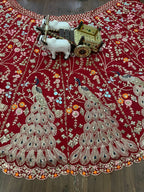 “Red Georgette Embroidered Lehenga with Golden Peacock & Floral Work – Length 42, Blouse up to 5XL”