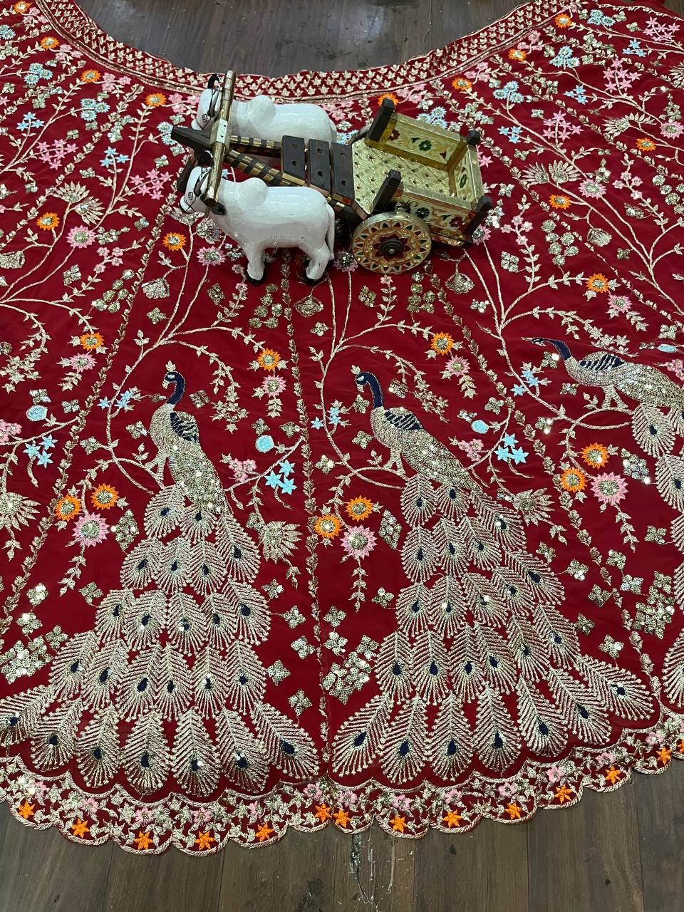 “Red Georgette Embroidered Lehenga with Golden Peacock & Floral Work – Length 42, Blouse up to 5XL”