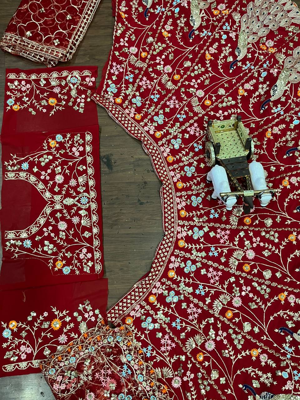 “Red Georgette Embroidered Lehenga with Golden Peacock & Floral Work – Length 42, Blouse up to 5XL”