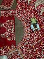 “Red Georgette Embroidered Lehenga with Golden Peacock & Floral Work – Length 42, Blouse up to 5XL”