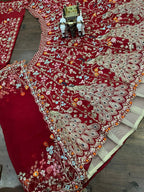 “Red Georgette Embroidered Lehenga with Golden Peacock & Floral Work – Length 42, Blouse up to 5XL”