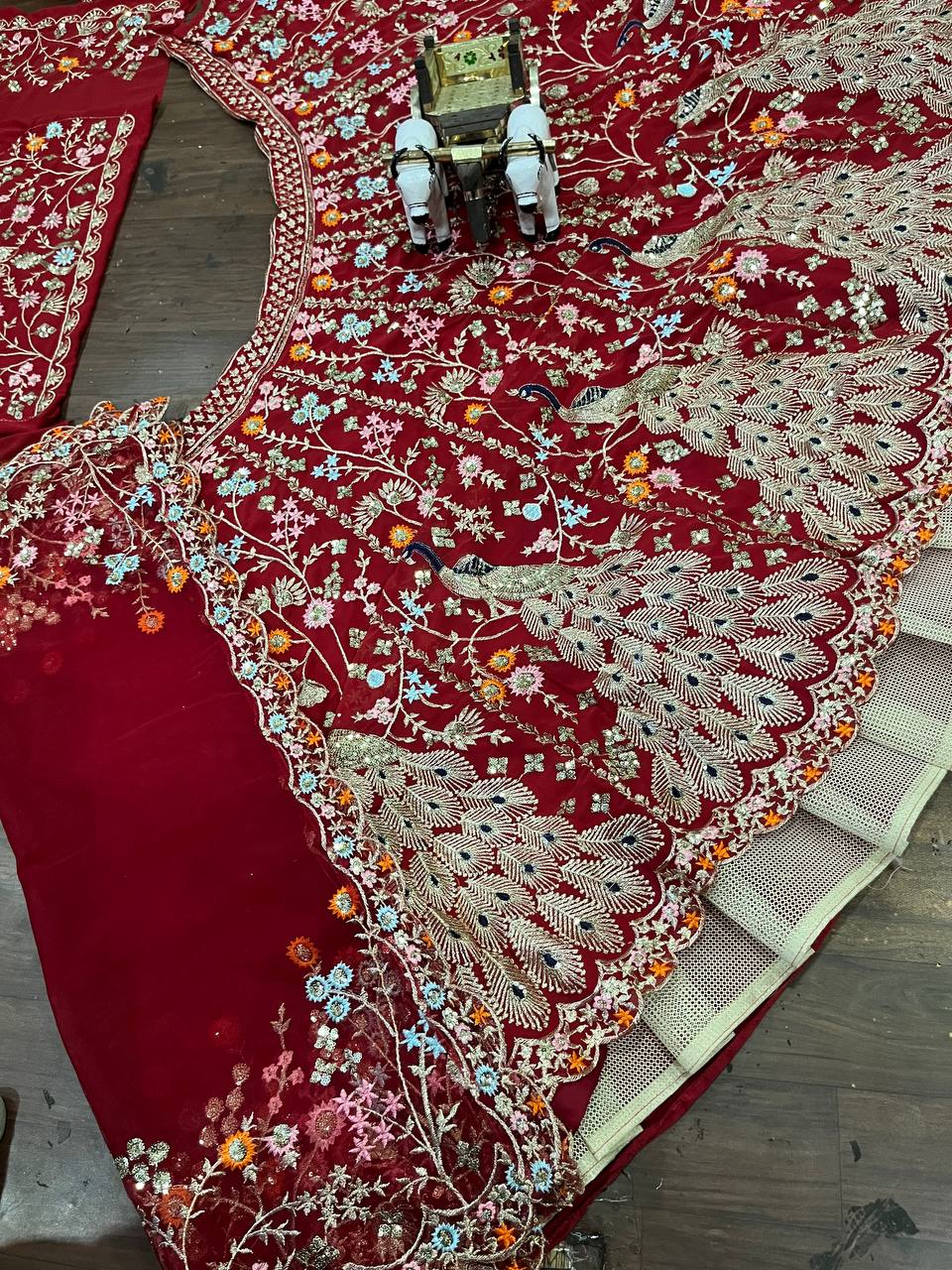 “Red Georgette Embroidered Lehenga with Golden Peacock & Floral Work – Length 42, Blouse up to 5XL”