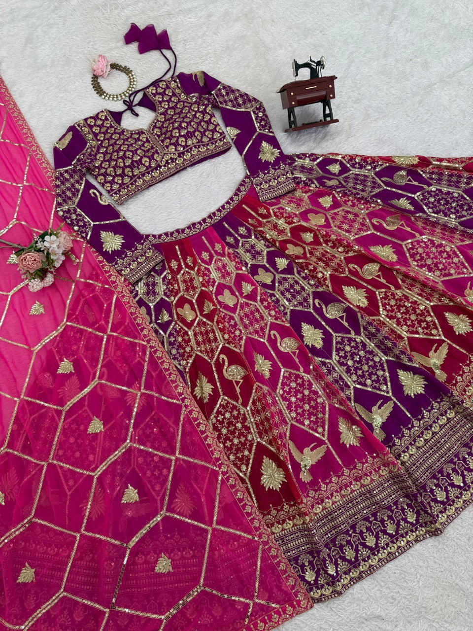 Regal Fuchsia Thread & Sequence Embroidered Lehenga Choli 373