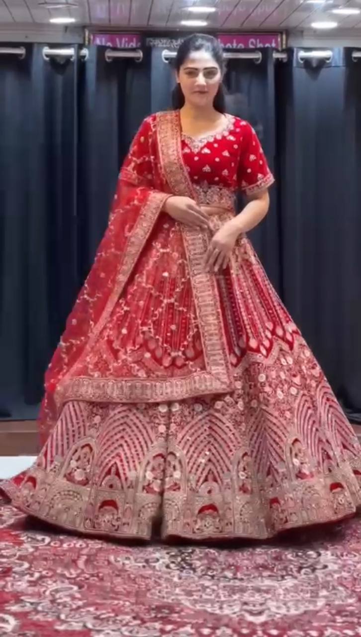 Red Premium Faux Georgette lehenga with Embroidery Sequins Work With Cancan & Canvas Patta and designer blouse.
