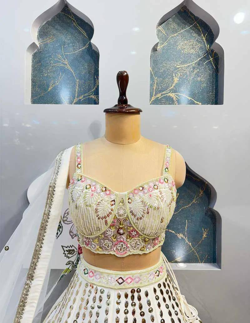 Graceful Glam: Embroidered Fox Georgette Lehenga Set with Mirror Work
