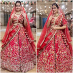 Red Velvet Heavy Embroidered Bridal Lehenga Set with Zari and Sequin Work