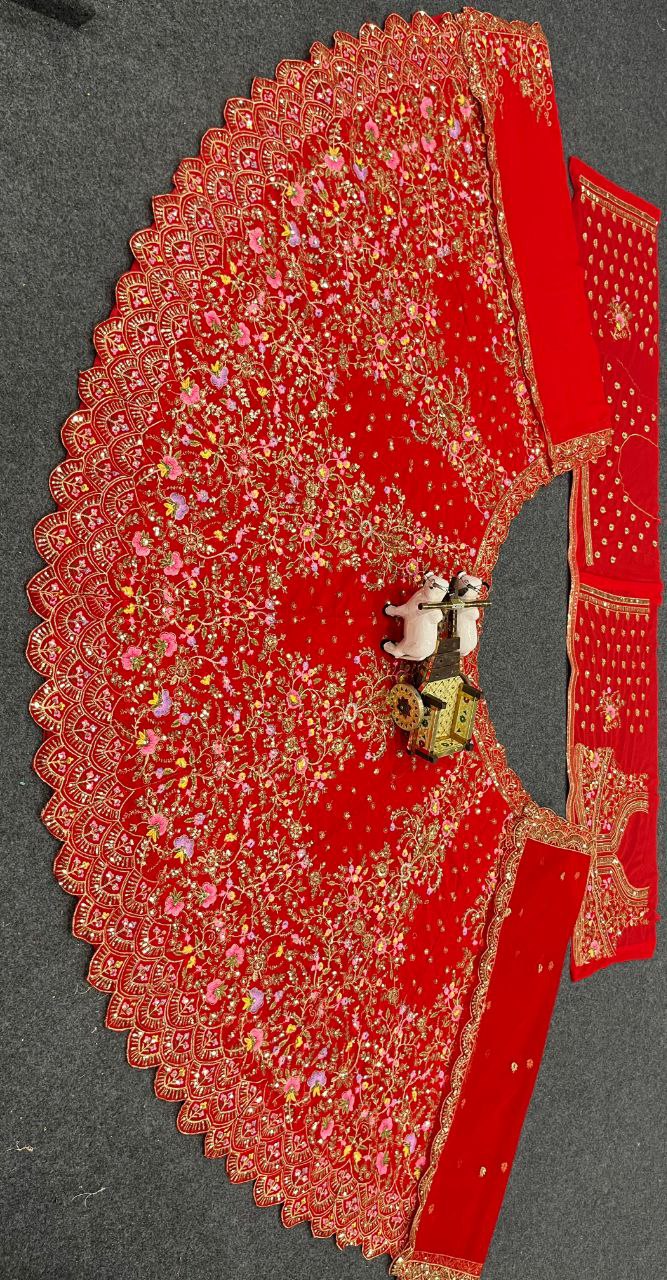 Red Velvet Heavy Embroidered Bridal Lehenga Set with Zari and Sequin Work