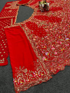Red Velvet Heavy Embroidered Bridal Lehenga Set with Zari and Sequin Work